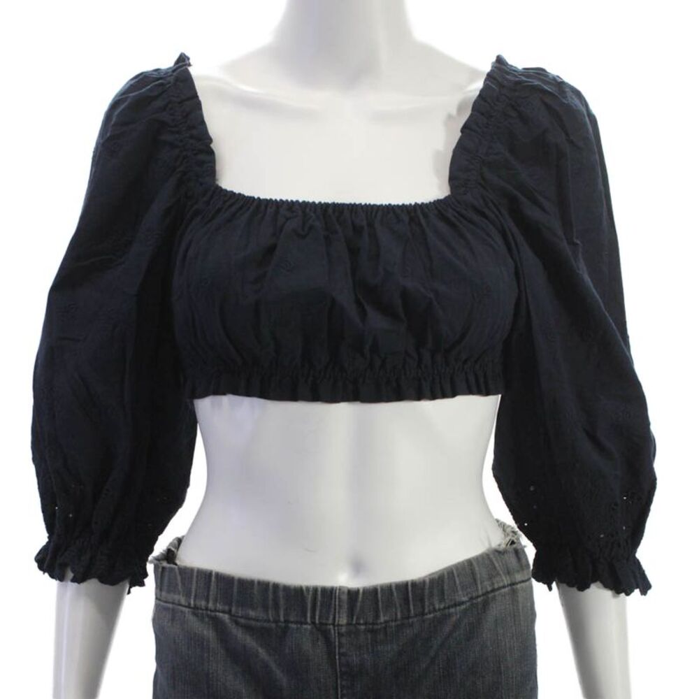 Birds of Paradis Women Cropped Black Floral Blouse Sq Neck 3/4 Sleeve Size XS